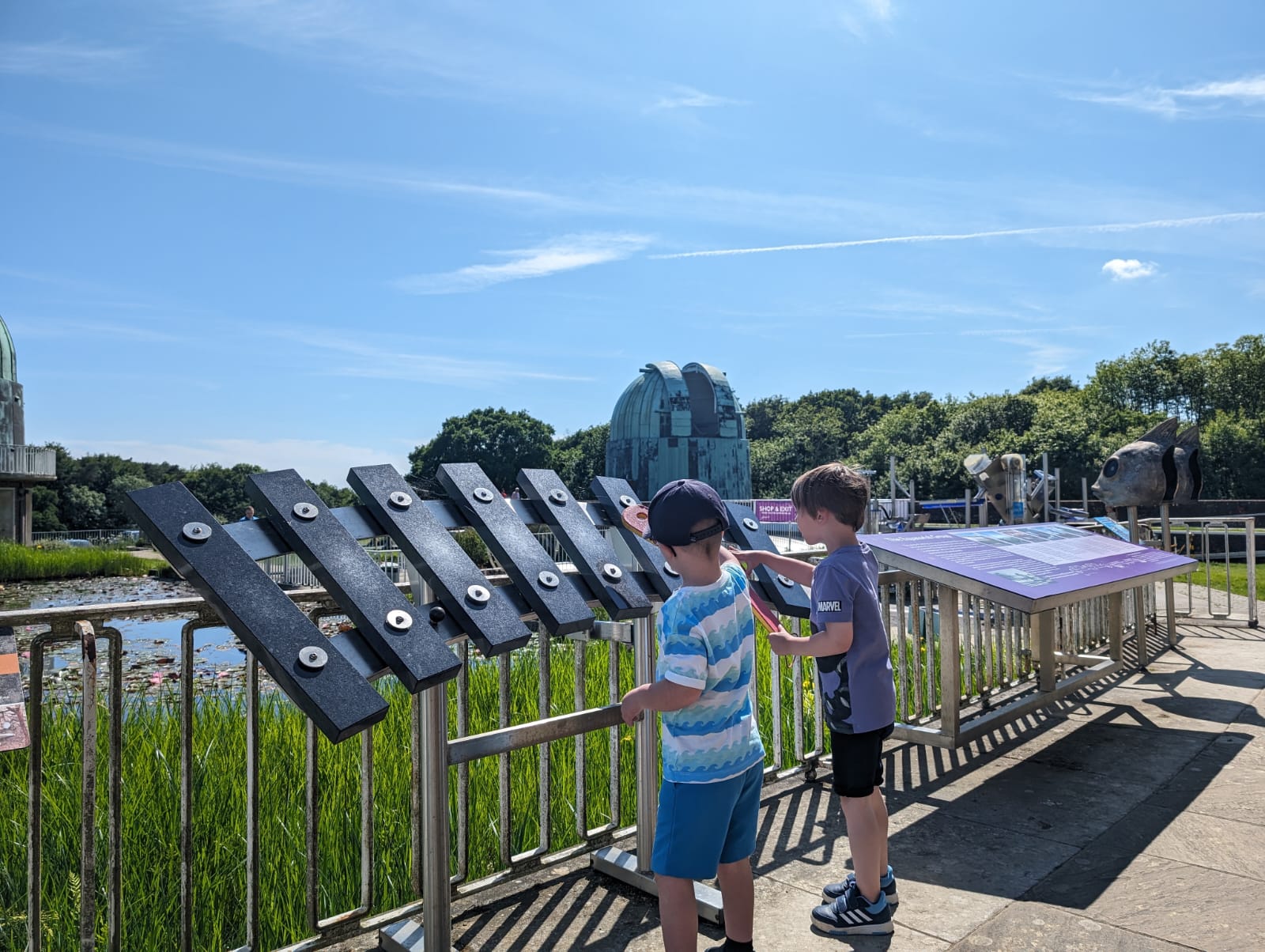 Close-up on a coffee maker making a espresso Two boys playing the Lithophone at the Observatory Science Centre