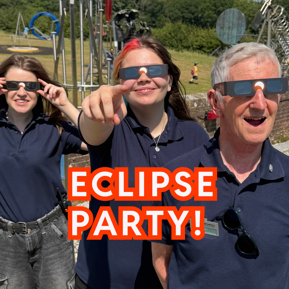 Text: Eclipse Party. people wearing eclipse glasses